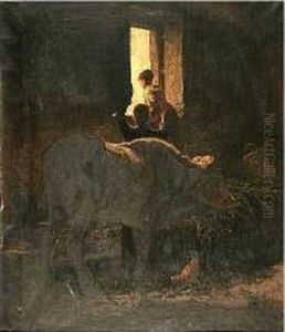 Barn Interior With Bull And Figures by Valerio Laccetti
