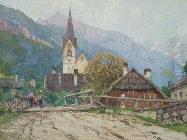 Figures By A Bridge With An Alpine Village - view 1