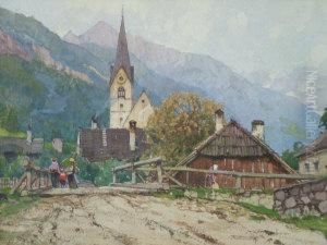 Figures By A Bridge With An Alpine Village by Fritz Lach