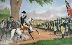 George Washington 1732-99 taking command of the American Army at Cambridge Massachusetts by Currier