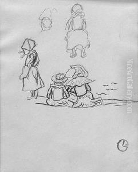 Lacombe, Georges: Sketch Sheet 
Of Pont-aven,um 1890. Charcoal On Paper. Estate Stamp. - Brownish - view 1