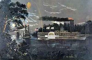 Rounding a Bend on the Mississippi Steamboat Queen of the West by Currier