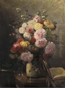 Pink, Red And Yellow Roses In A Ceramic Jug In An Interior