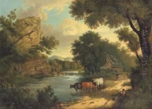 View Near Knaresborough, With Cattle And Figures By A River by Henry Ladbrooke