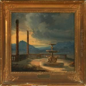 A Fountain On A Terrace With Antique Columns by Thorald Laessoe
