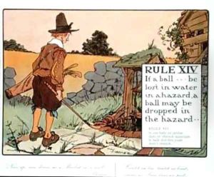 Rule XIV If a ball be lost in water in a hazard a ball may be dropped in the hazard by Charles Crombie