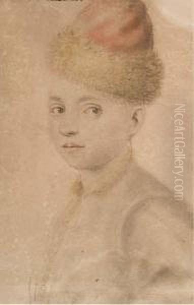 Portrait De Jeune Homme, En 
Buste, Portant Un Bonnet Rouge Borde De Fourrure Et Une Boucle D'oreille - view 1