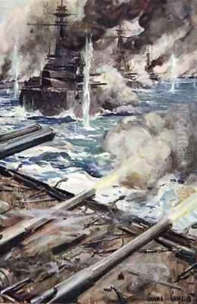 A fleet of battleships firing broadside - view 1