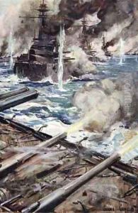 A fleet of battleships firing broadside by Cyrus Cuneo