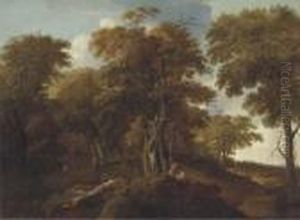 An Extensive Wooded Landscape With Travellers On A Track by Johan Lagoor