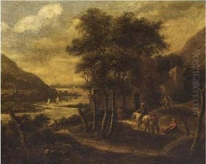 Figures In A Mountainous River Landscape Nearby A Ruin
