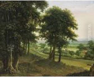 An Extensive Wooded Landscape With Houses, Hills Beyond