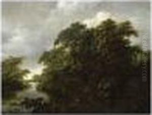A Wooded River Landscape With Anglers Mooring Their Boats To The Bank by Johan Lagoor