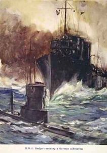 HMS Badger ramming a German submarine by Cyrus Cuneo