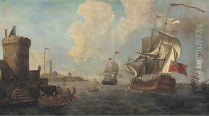 A Mediterranean coastal inlet with Dutch and British men-o'war and other shipping by Adriaen Van Der Cabel