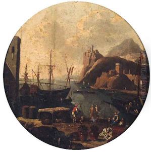 A Mediterranean port with figures on a quay, a clifftop fort beyond by Adriaen Van Der Cabel