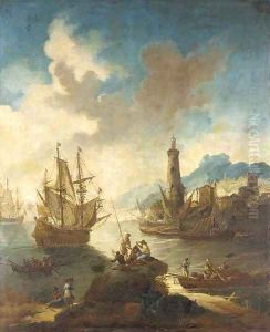 A Mediterranean port with fishermen in the foreground by Adriaen Van Der Cabel