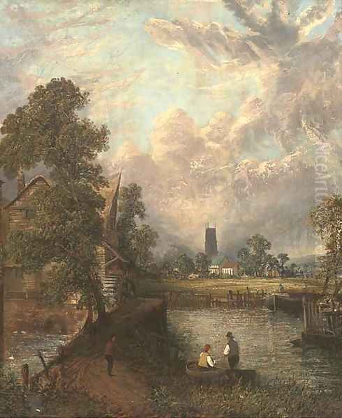 Anglers before a mill, with a church beyond - view 1