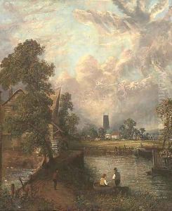 Anglers before a mill, with a church beyond by John Constable