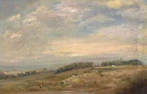 An extensive landscape with a figure in the foreground, traditionally identified as Sandpits near Dedham