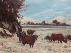 Snowy Landscape With Highland Cattle by Tomson Laing