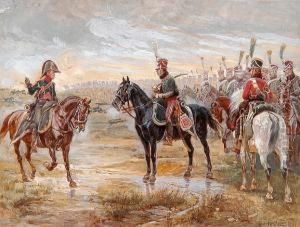 Officers On Horseback Amid A Battlefield Scene