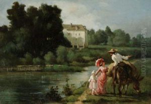 Elegante Et Cavalier Au Bord De La Riviere Elegante Et Cavalier Au Bord De La Riviere