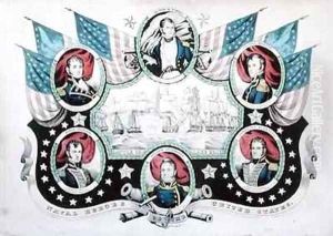 Battle of Lake Erie with portraits of US Naval heroes by Currier
