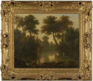 Village Pond With Two Men In A Punt