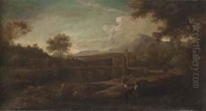 Italianate River Landscape With Figures In The Foreground, A Roman Bridge Beyond by George Lambert