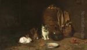 Gattino E Lepre Nella Stalla by Louis Eugene Lambert