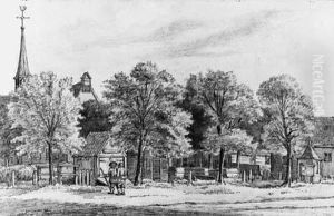 A View Of Amstelveen, Two Men Conversing Near The Old Church by Gerrit Lamberts