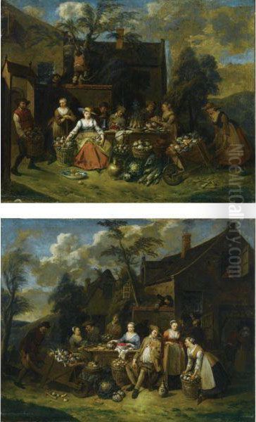 An Elegant Company In A
Landscape Amongst Different Fruits Andvegetables, A Man With A
Wheelbarrow Entering From The Left - view 1