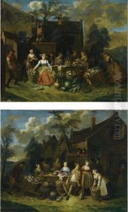 An Elegant Company In A 
Landscape Amongst Different Fruits Andvegetables, A Man With A 
Wheelbarrow Entering From The Left