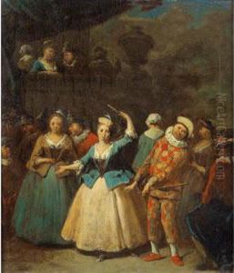 Scene De Danse Avec Arlequin by Jan Baptist Lambrechts