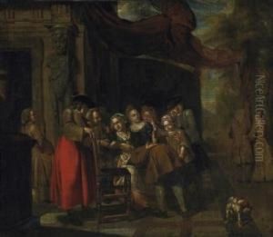 Sociable Party Playing A Game Of Forfeits. Signed Left On The Pedestal: J.b. Lambrechts by Jan Baptist Lambrechts