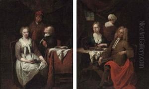 An Elegant Couple And A Servant In An Interior With Wine On A Table by Jan Baptist Lambrechts