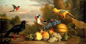 A Bullfinch, a Chough, a Jay and a Sun Conure with quinces, grapes and melons in a landscape by Jakob Bogdani Eperjes C