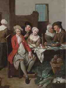 Peasants At A Table With Fruit And Vegetables In An Interior by Jan Baptist Lambrechts