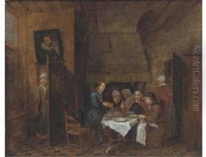 A Dining Room Interior With A Group Eating by Jan Baptist Lambrechts