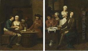An Interior Of A Tavern With An Amorous Couple At A Table Together A Man Smoking A Pipe by Jan Baptist Lambrechts