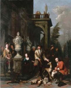 A Family Hunting Group Outside A Neoclassical Mansion