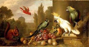 A Cardinal, a Plum-Headed Parakeet, a Lesser Sulphur-Crested Cockatoo, a Yellow-Naped Amazon by Jakob Bogdani Eperjes C
