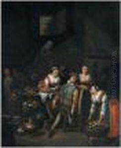 Kitchen Interior, With A Boor Smoking And Cooks Preparing A Meal by Jan Baptist Lambrechts