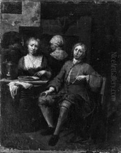 A Gentleman, Seated By A Barrel In A Tavern, Smoking A Pipe by Jan Baptist Lambrechts