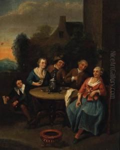 Country Folk Seated At A Table Outside A House