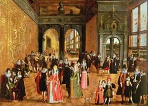 A Palace Interior with Ladies and Gentlemen dancing and Playing Music by Louis de Caullery