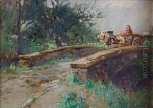 Horse And Cart Crossing A Bridge by William Bradley Lamond
