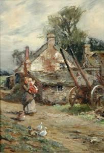 Mother And Child With Ducks Before A Cottage by William Bradley Lamond