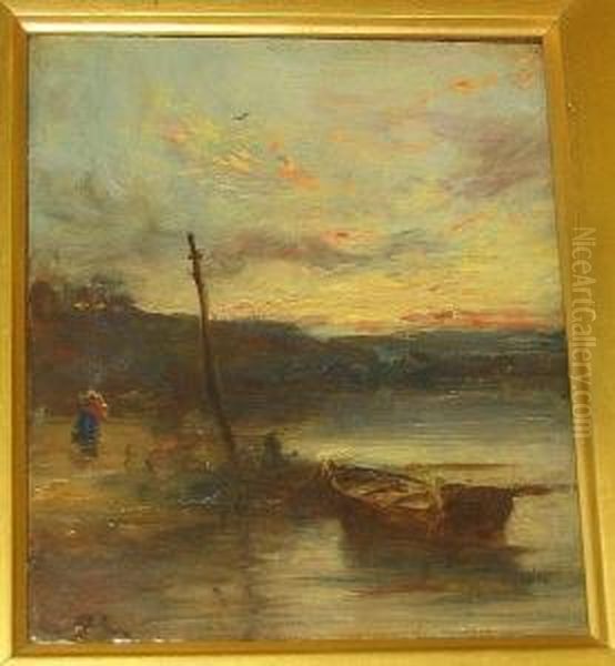 Shore Scene At Dusk With Rowing Boat And Figure - view 1